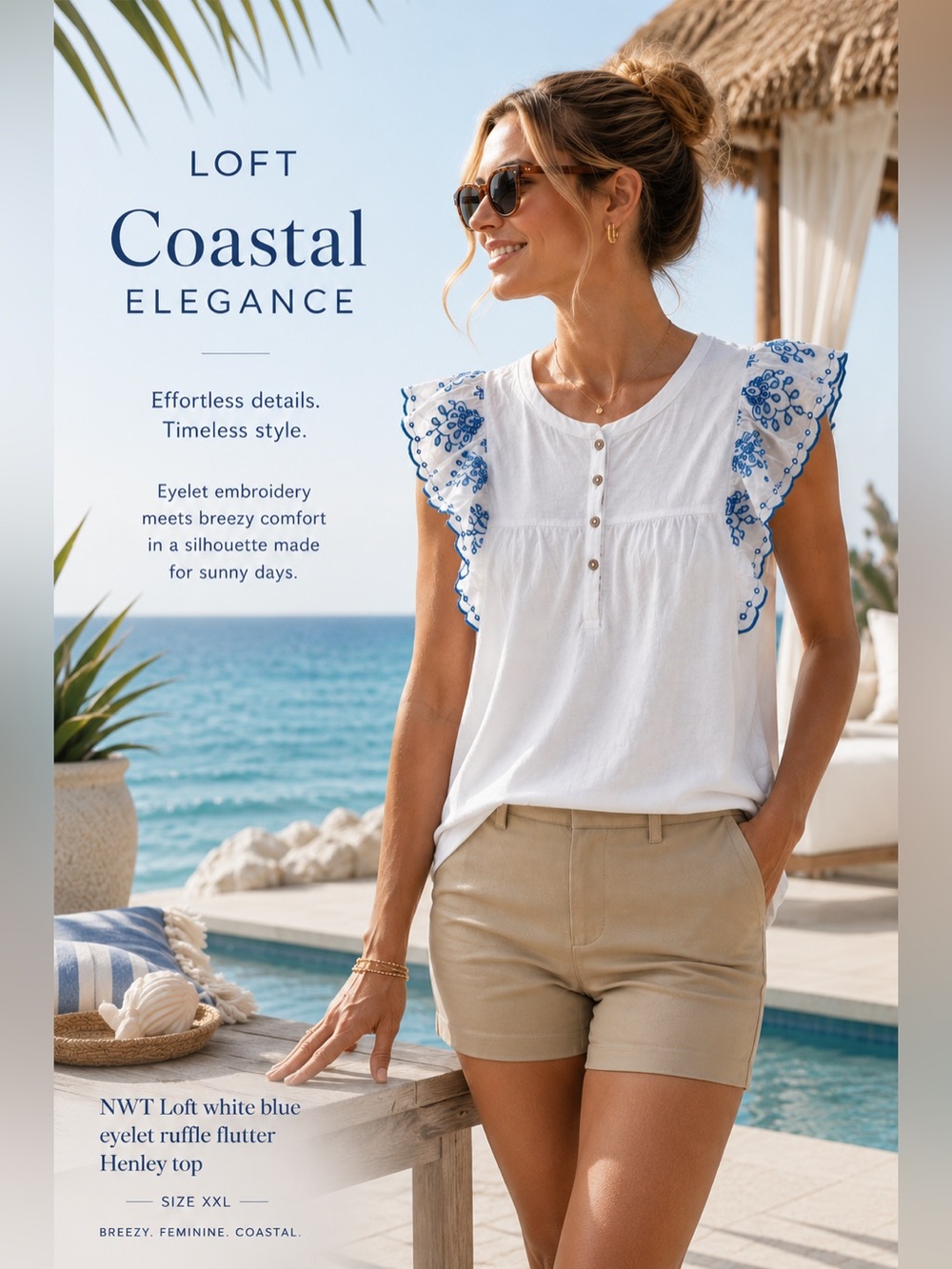 NWT Loft white blue eyelet ruffle flutter Henley top size XXL